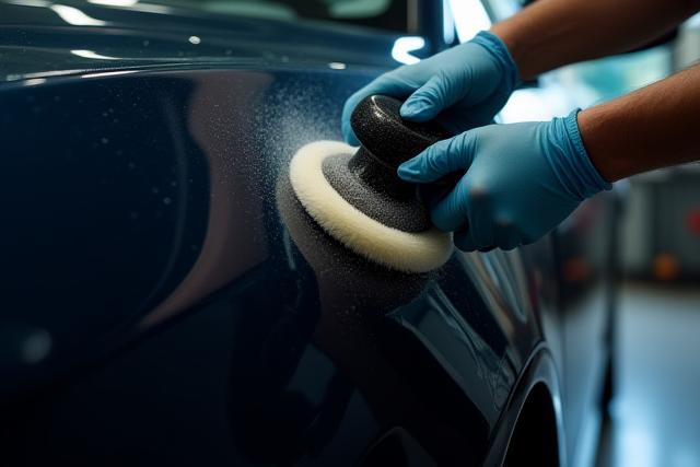 Professional car exterior polishing with a buffer tool