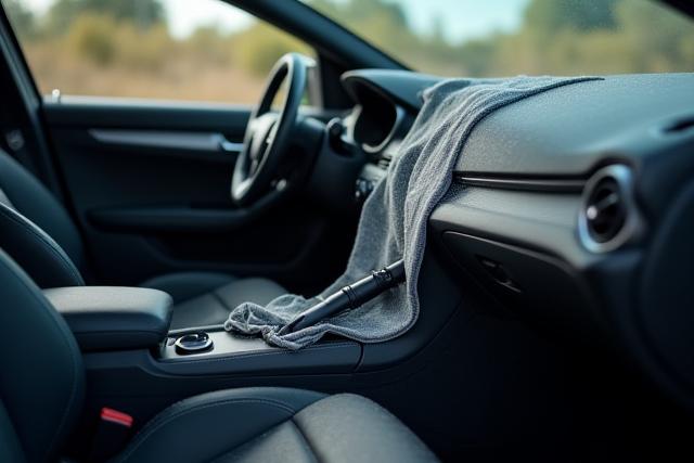 Clean car interior with vacuum and detailing tools